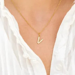 waterproof letter v zirkoon ketting met hanger in verguld staal - OCEANA