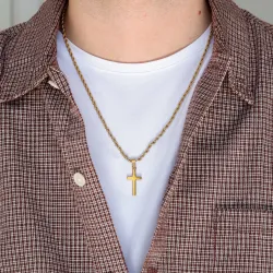 waterproof ketting in verguld staal met kruis hanger in staal