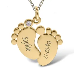 goud voeten Naamkettingen met hanger in 9 karaat goud met 1 facetgeslepen blaume zirkonen - My Letter