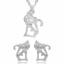 Kat set met oorbellen en ketting in zilver