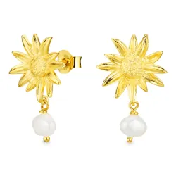 bloem parel oorbellen in verguld messing - Eliné